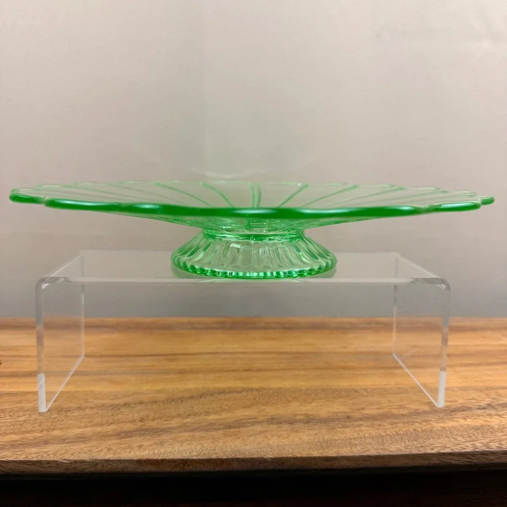 Vintage Green Uranium Glass Cake Stand 10 Inch Scalloped Vaseline Glass Pedestal